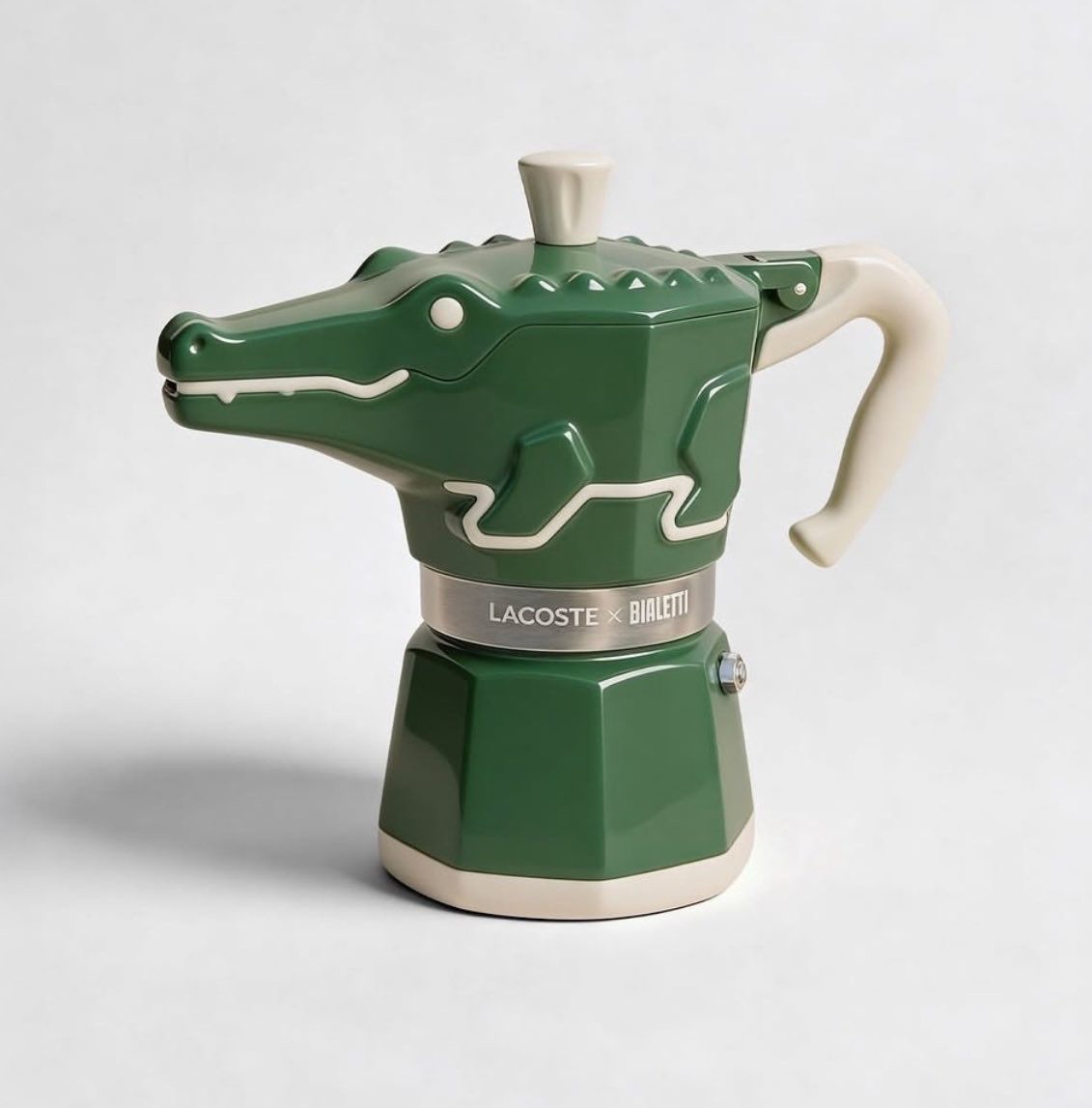 Lacoste x Bialetti moka pot shaped like a green crocodile's head