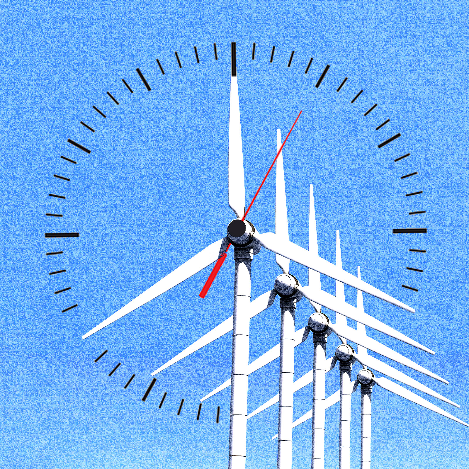 Wind turbines arranged so their blades read as the hands of a clock