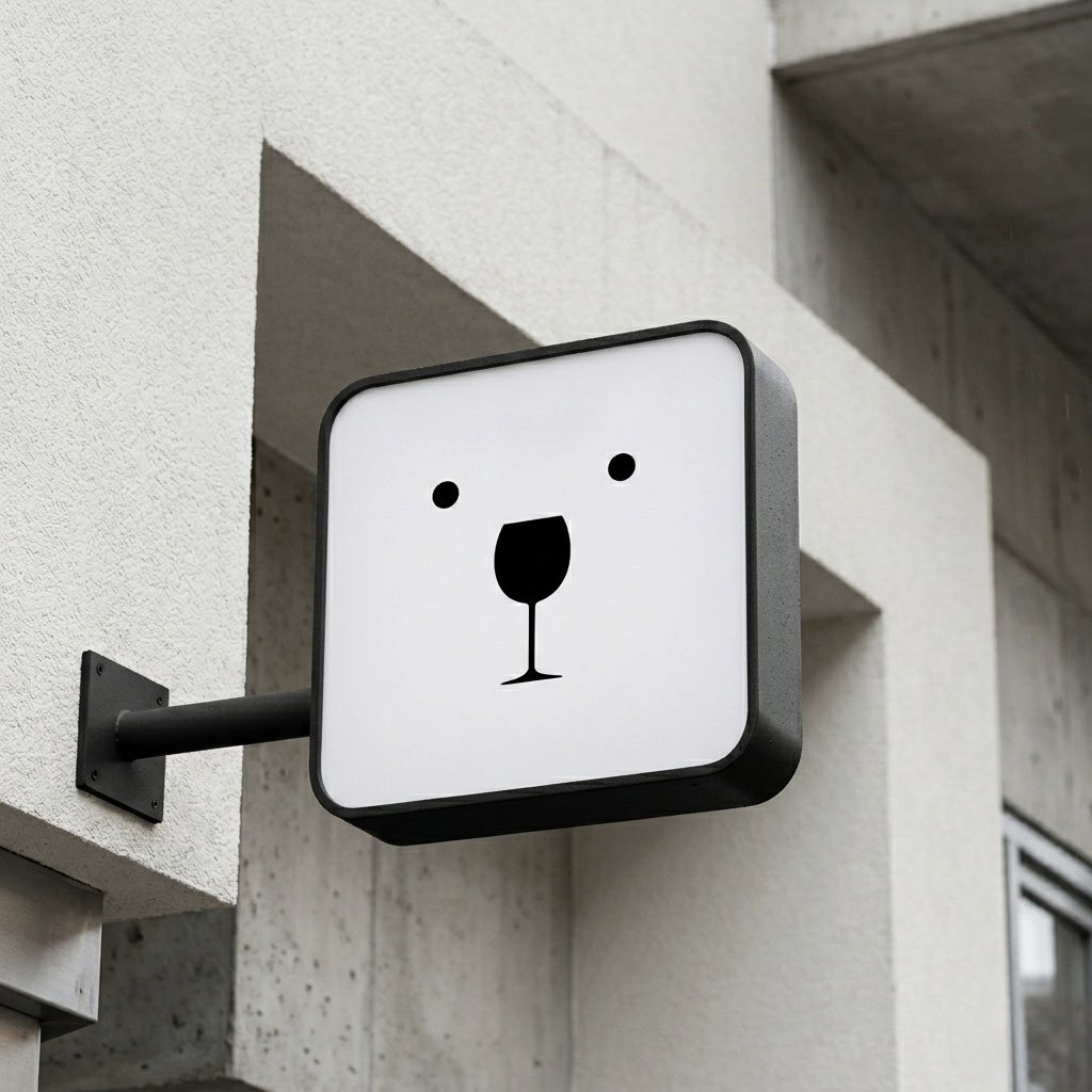 Illuminated shop sign of a bear's face whose nose is a wine glass