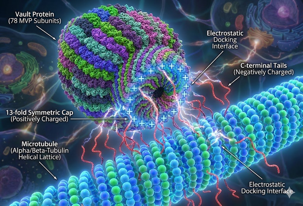 A vault protein docking onto a microtubule, 3D render
